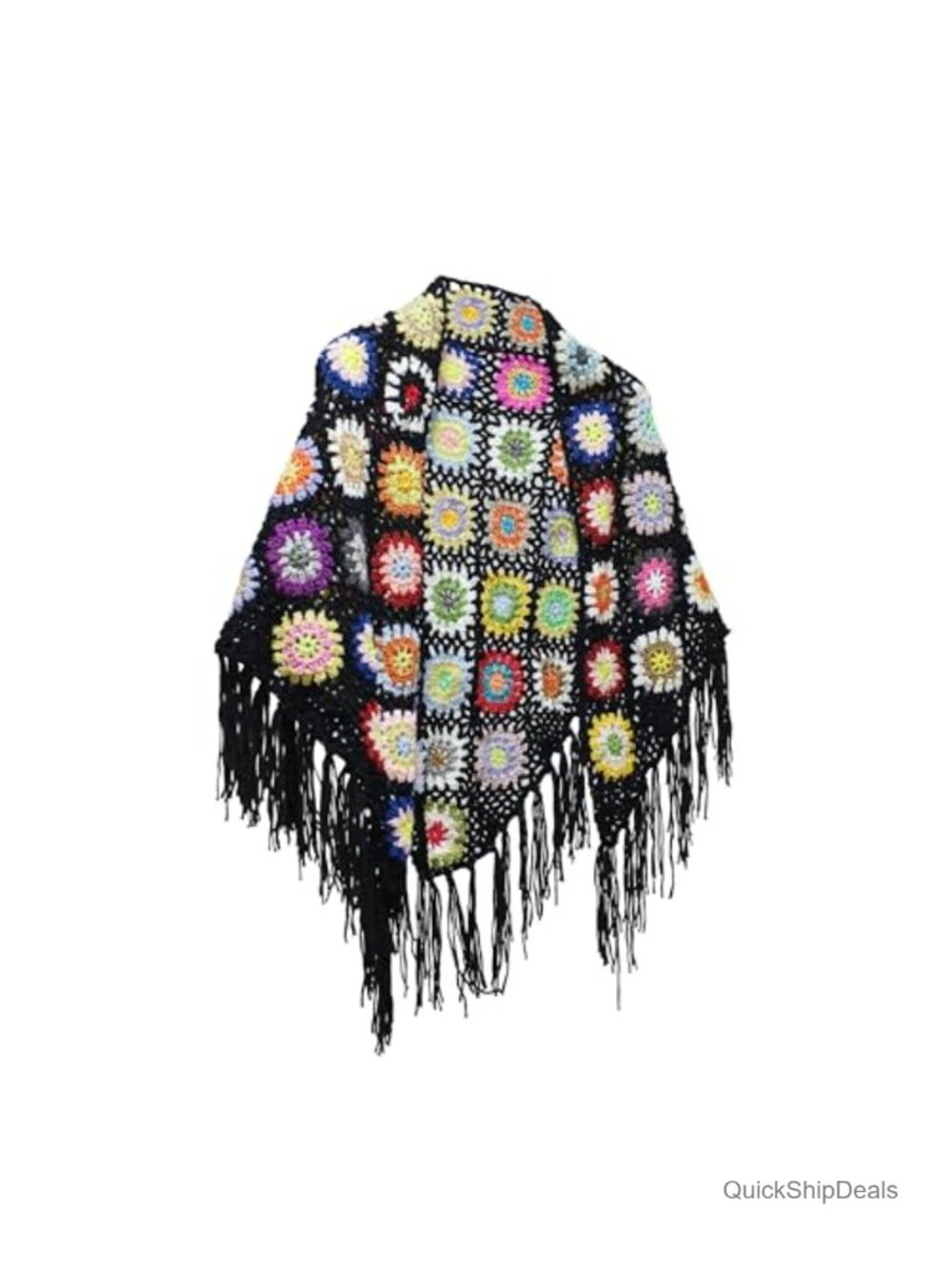 Handmade Crochet Fringed Poncho Cape Shawl Wrap Granny Square Acrylic